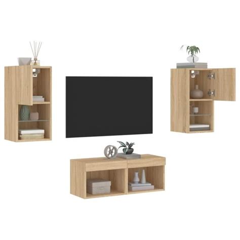 Meuble TV muraux 4 pcs avec lumières LED chêne sonoma SALUTUYA