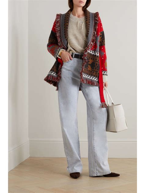 ALANUI Icon Belted Fringed Wool And Cashemere Blend Jacquard Cardigan