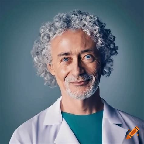 Portrait Of Mature Man With Long Grey Hair In White Lab Coat On Craiyon