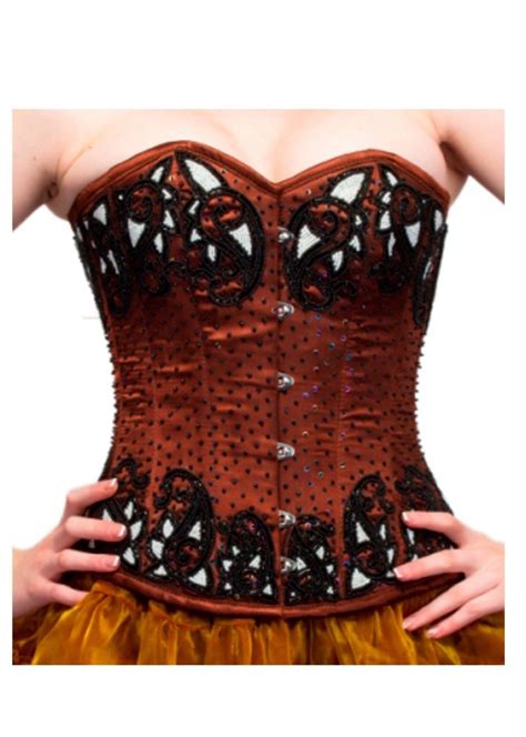 Brown Satin Sequins Burlesque Gothic Bustier Waist Cincher Overbust Corset Top