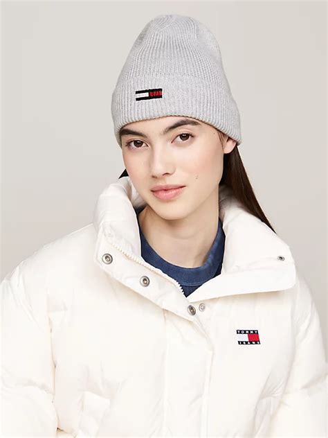 Elongated Flag Rib Knit Beanie White Tommy Hilfiger