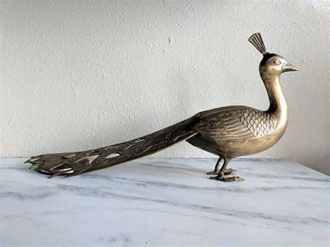 Large Brass Peacock Statue Mid Century Carved Brass Peacock Accent