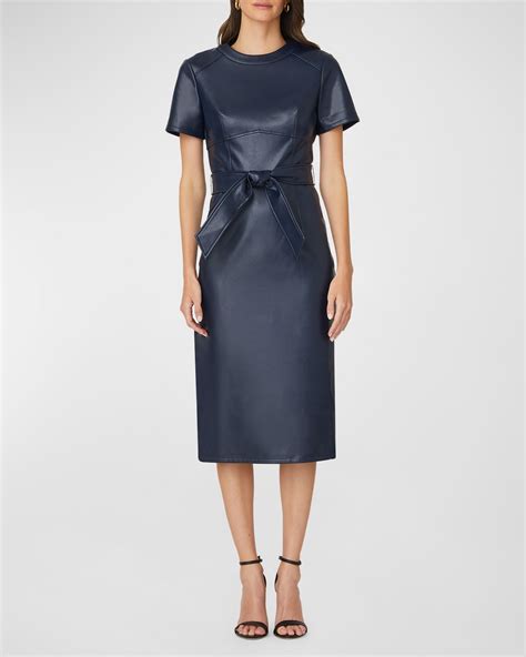 Shoshanna Rhonda Belted Faux Leather Midi Sheath Dress In Navy Modesens