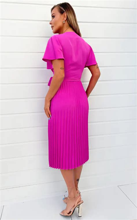 Hot Pink Pleated Midi Dress With Tie Waist Ax Paris Silkfred Us