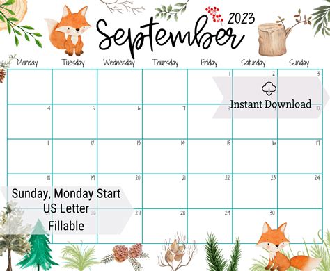 Editable September 2023 Calendar Back To School Cute Fox Beautiful