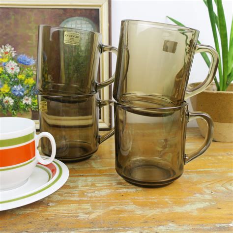 Vintage Arcoroc France Drinking Glass Or Mug Of Smoked Glass With Handle Set Of 4 Retroriek