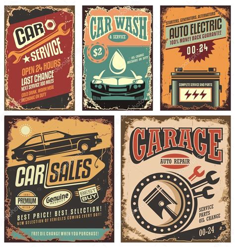 Vintage car service metal signs and posters vector — Stock Vector ...