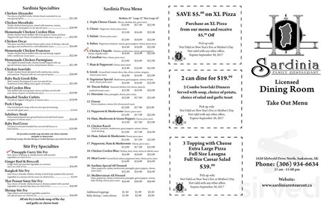 Sardinia Family Restaurant menu in Saskatoon, Saskatchewan, Canada