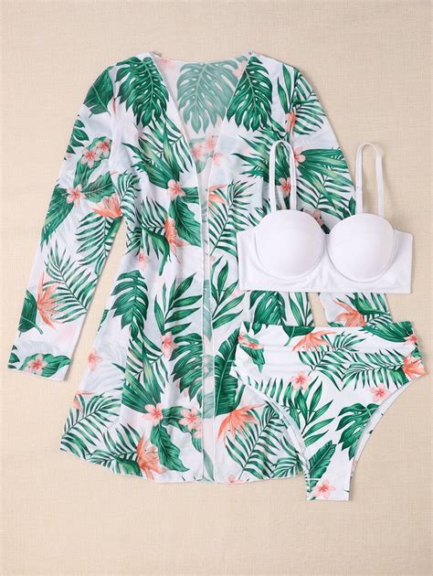 SHEIN Swim Conjunto De Bikini Con Estampado Tropical Sujetador Push Up