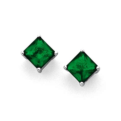 Sterling Silver Created Green Stone Stud Earrings in Green | Prouds