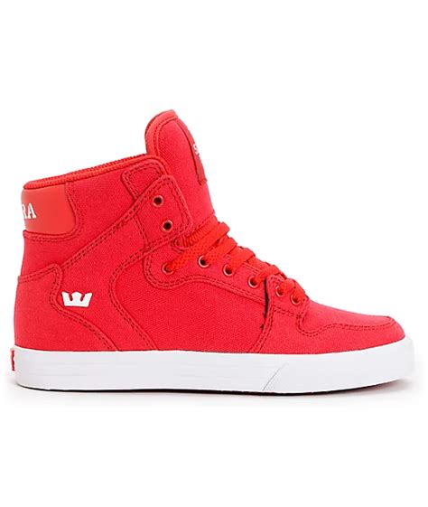 Supra Kids Vaider Red Canvas High Top Skate Shoes | Zumiez