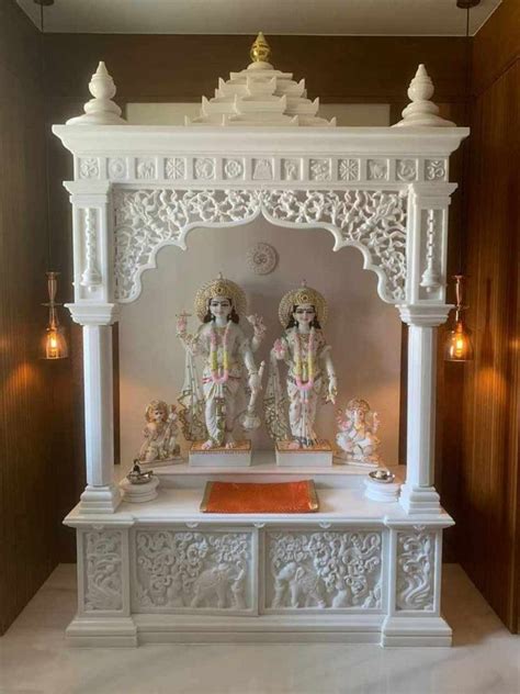 Traditional Rectangular White Marble Pooja Mandir For Home Size 2 X