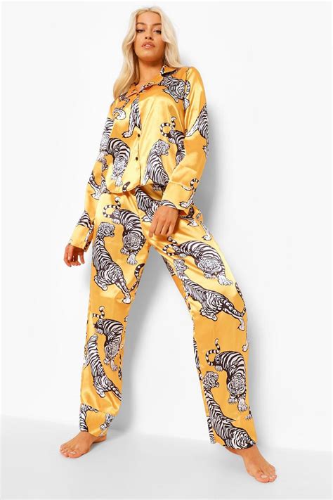 Womens Tiger Print Satin Button Through Pj Trouser Set Boohoo Uk