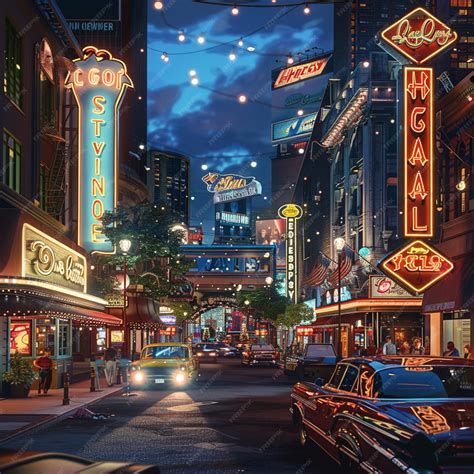 A view of a commercial districts nightlife with illuminated signs and