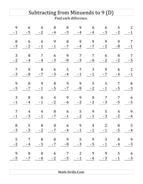 The 100 Subtraction Questions With Minuends Up To 9 D Subtraction