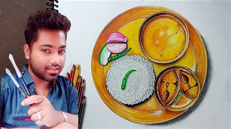 How To Draw Bangali Thali Bengali Food Realistic Drawing Bengali