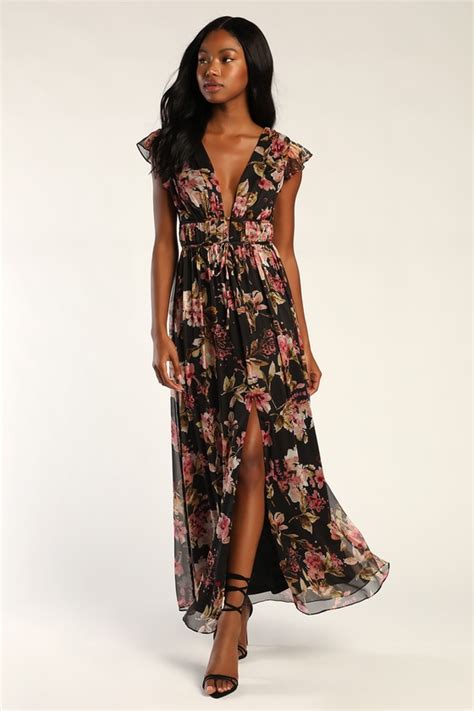 Black Floral Maxi Dress Chiffon Maxi Dress Ruffled Maxi Lulus