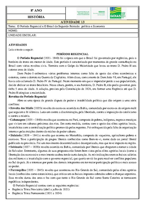 Atividade 13 8o ano HIS O Periodo Regencial e O Brasil do Segundo ...