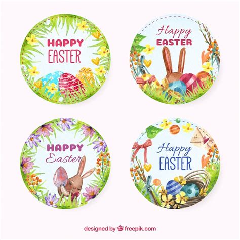 Free Vector Pack Of Happy Easter Watercolor Round Stickers