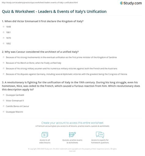 Quiz & Worksheet - Leaders & Events of Italy's Unification | Study.com