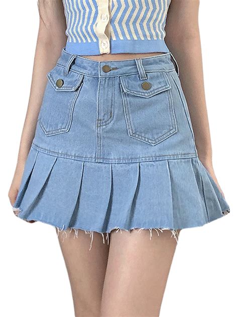 Women S Denim Mini Skirt Y K Girls A Line Pleated Ruffle Jean Short