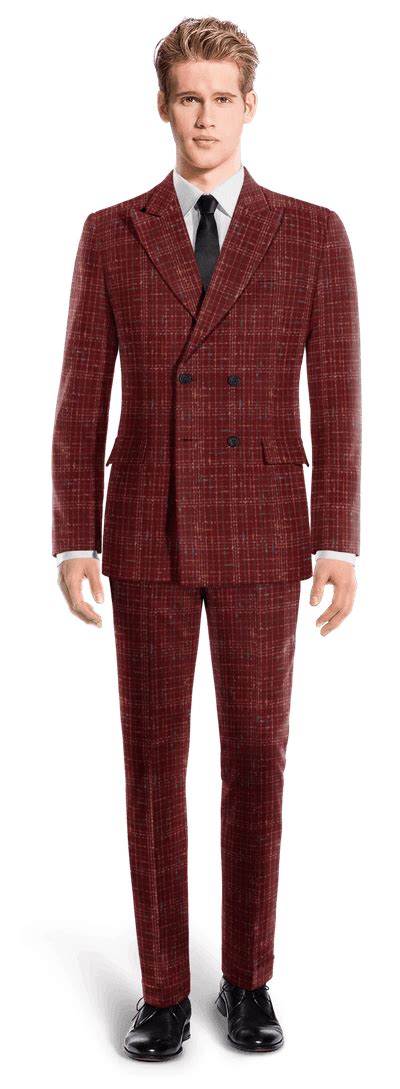 Burgundy Plaid Tweed Double Breasted Wide Lapel Suit