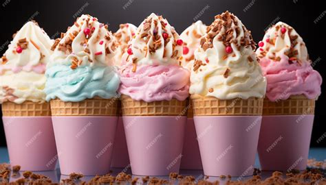 Premium Photo A Colorful Collection Of Homemade Ice Cream Sundaes Generated By Artificial