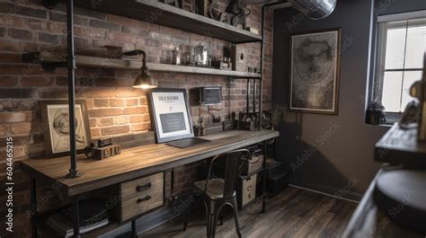 Interior Design Of Home Office In Industrial Style With Exposed Brick