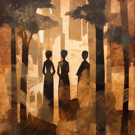 Premium AI Image | A painting of three women in a forest with a house ...