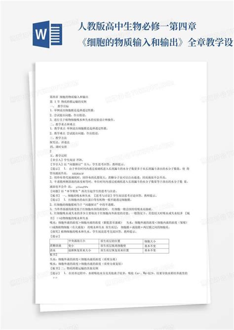 人教版高中生物必修一第四章《细胞的物质输入和输出》全章教学设计百word模板下载编号lzxkpxvb熊猫办公