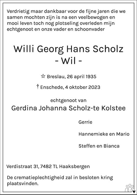 Willi Georg Hans Wil Scholz Overlijdensbericht En