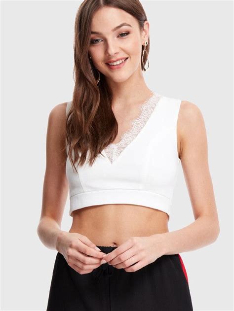 SHEIN Eyelash Lace Insert Wide Hem Crop Top Crop Tops Tops Crop