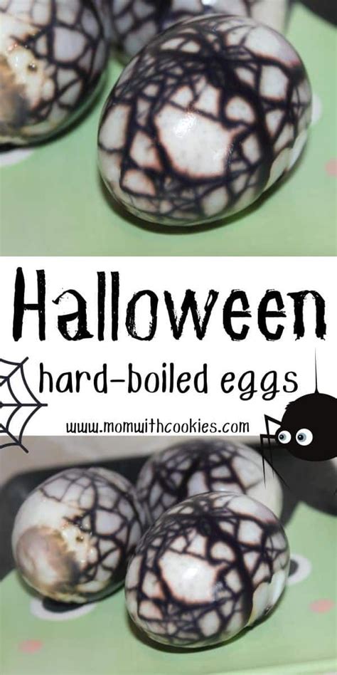 Halloween Hard Boiled Eggs With Spider Web On Them And The Words