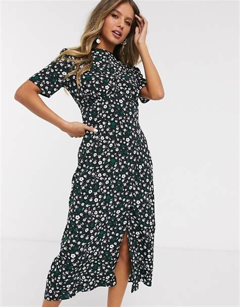 Asos Design Midi Tea Dress With Buttons In Floral Print Asos Tea