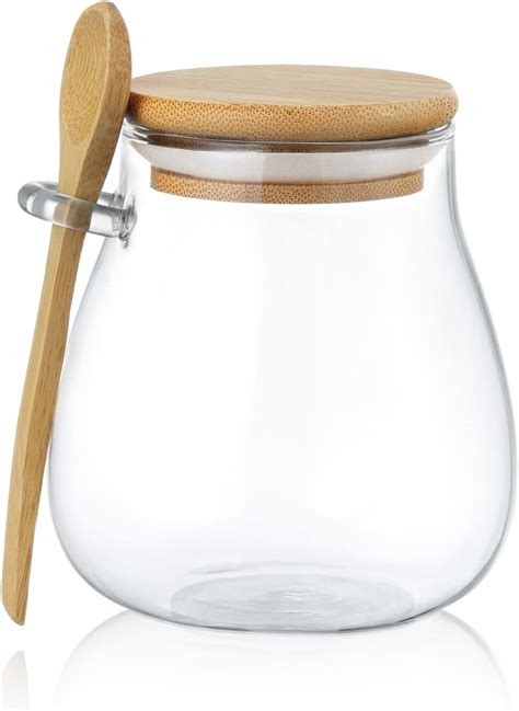 Joeyan Glass Jar With Airtight Bamboo Lid And Spoon Attached 12 Oz Salt Sugar Spice