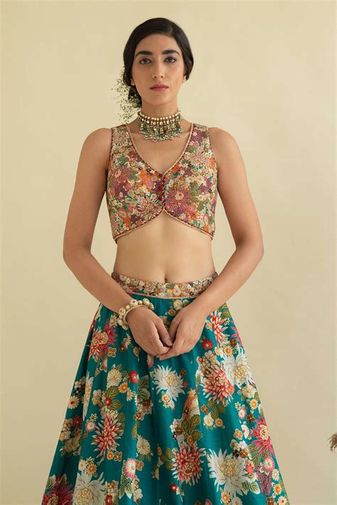 Buy Green Dola Silk Viscose V Neck Hand Embroidered Lehenga Set