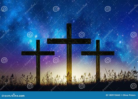 Three Wooden Crosses At Sunset Stock Illustration Illustration Of