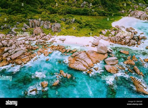 Aerial Drone Photo Of Seychelles Tropical Hidden Secret Beach Marron At