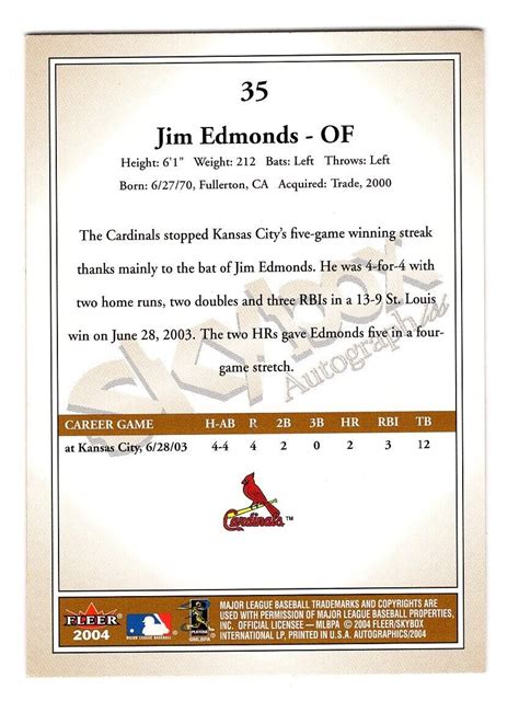 Skybox Autographics Jim Edmonds For Sale Online Ebay