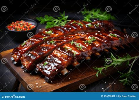 Close Up Of Perfectly Cooked Roasted Sliced Barbecue Pork Ribs With