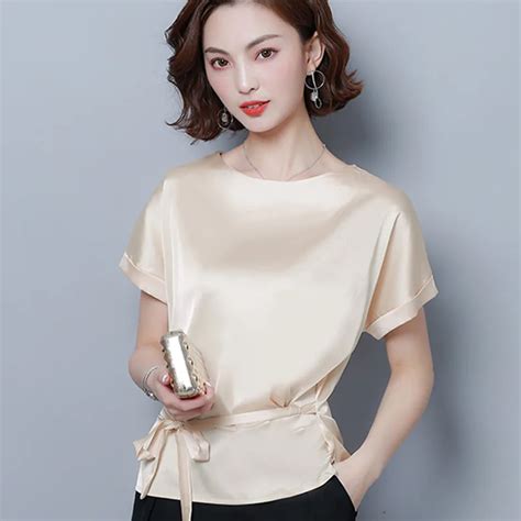 Korean Silk Blouses Women Satin Tops Plus Size Woman Solid Blouses