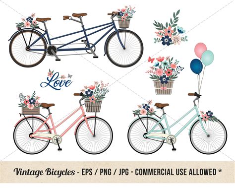 Floral Tandem Bicycle Clipart Retro Flower Basket Bike Amsterdam Commercial Use Vintage Bicycles