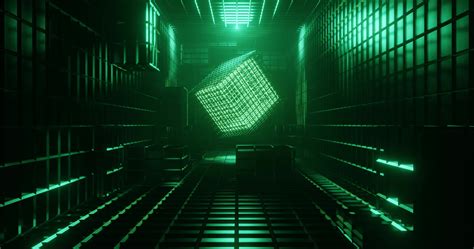 D Rendering Loop Of Green Neon Cube On Dark Corridor Stock