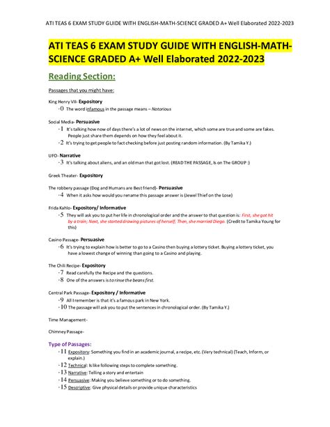 ATI TEAS 6 EXAM STUDY GUIDE WITH ENGLISH MATH SCIENCE GRADED A Well