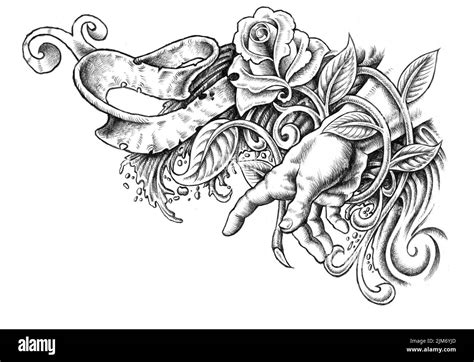 A Digital Black White Tattoo Illustration Of A Hand Wrapped In A Rose