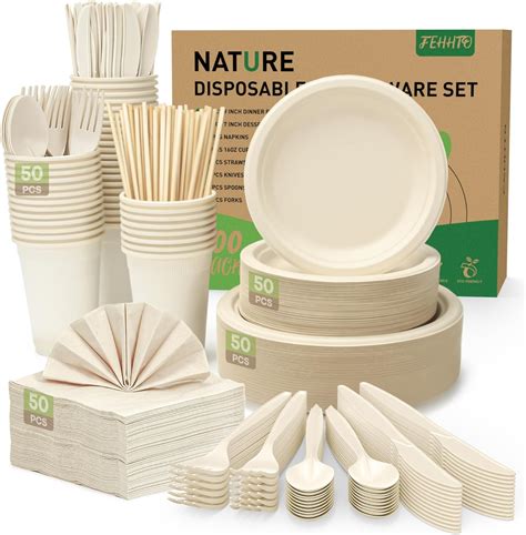 Fehhto 400pcs Disposable Paper Plates Set Compostable Eco