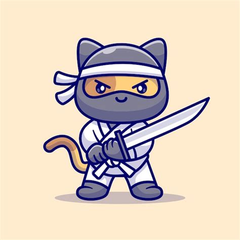 Lindo Gato Ninja Sosteniendo Espada Dibujos Animados Vector Icono