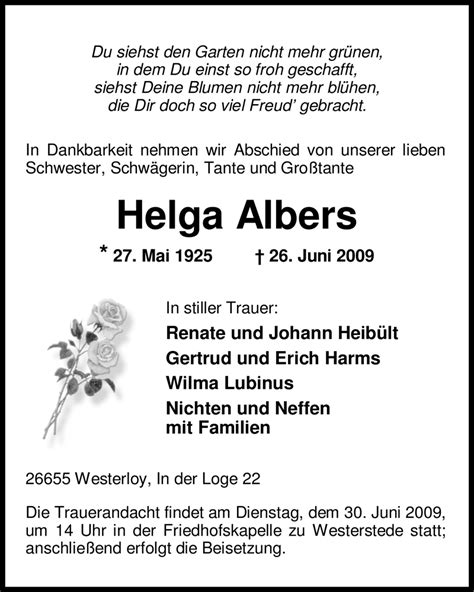 Traueranzeigen Von Helga Albers Nordwest Trauer De