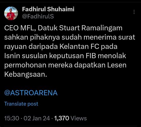 Kelantan Fc Belum Putus Asa Segera Beri Untuk Rayuan Kekal Dalam Liga