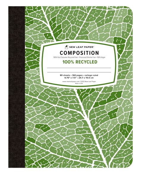 Composition Book 975” X 75” Green Leaf Ruled New Leaf Paper